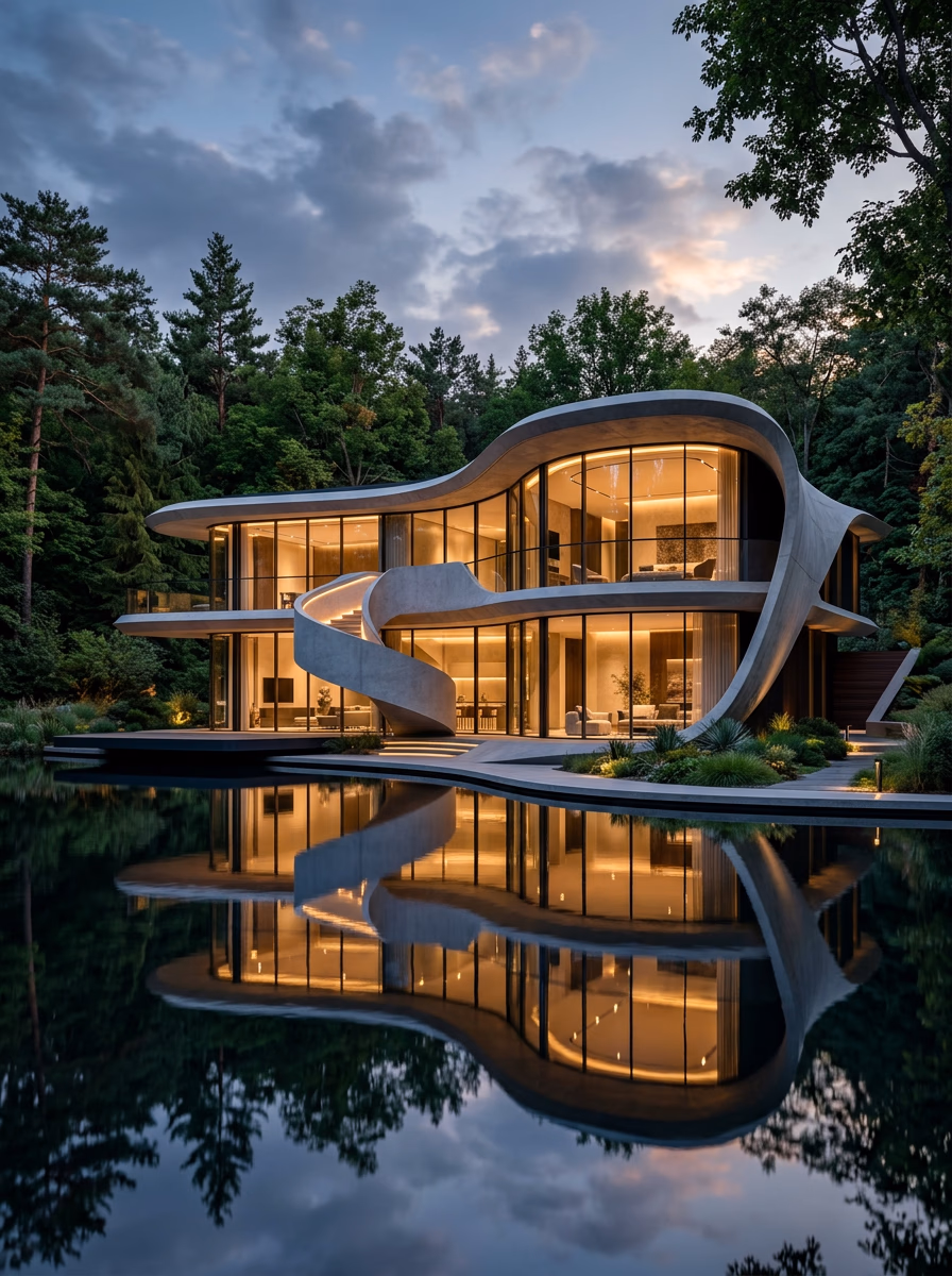 Illuminated modern house reflected in water at night