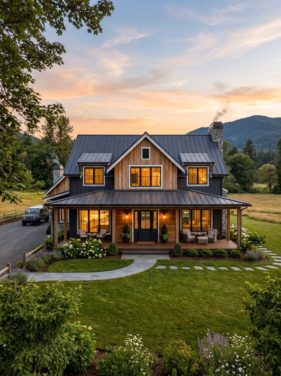 Farmhouse with a pitched roof set in open lawns at sunset