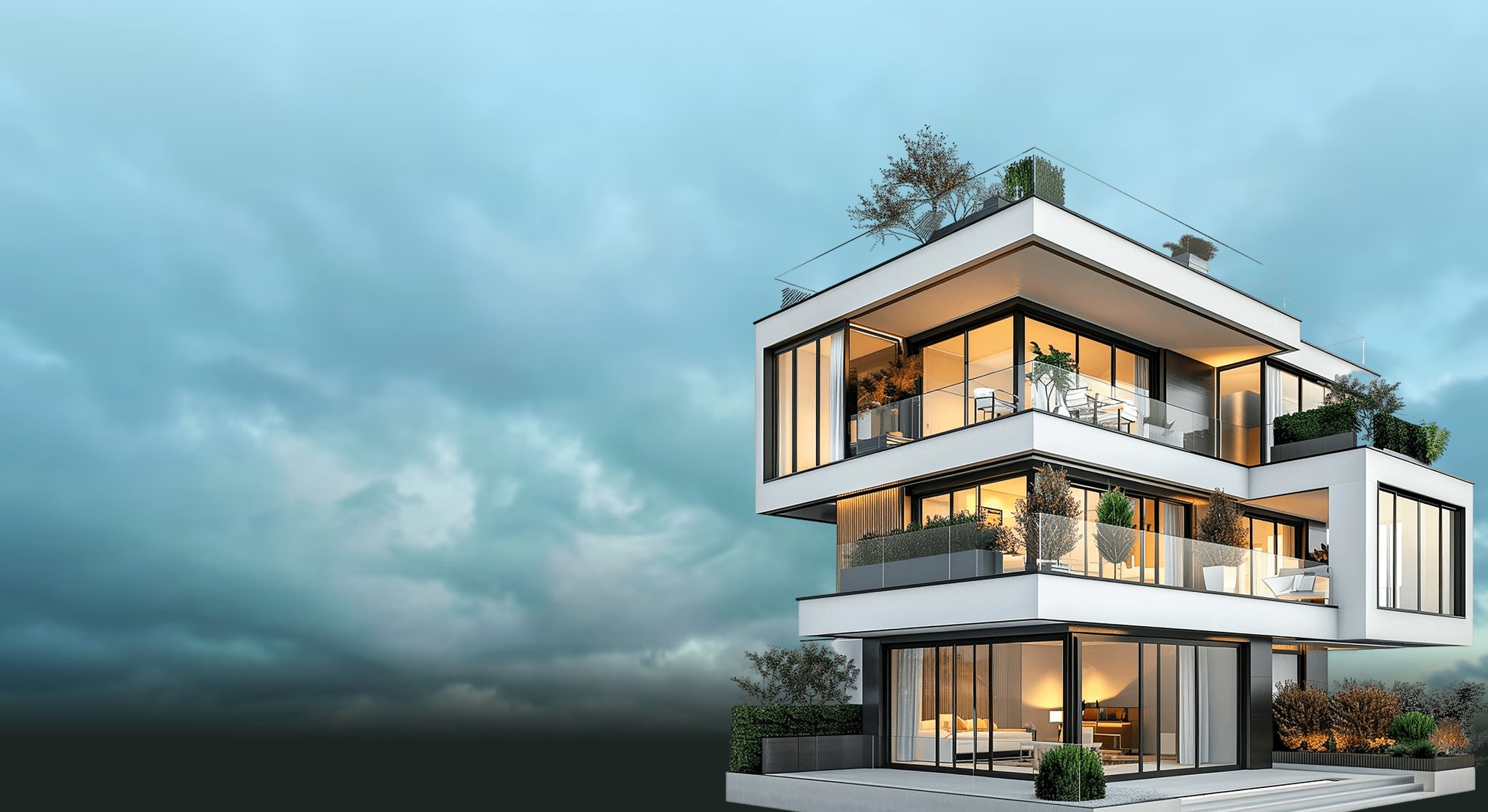 Modern white three-storey house with glass balconies and roof garden