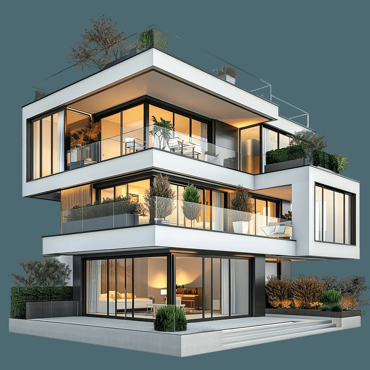 Architectural render of a modern three-storey house with terraces