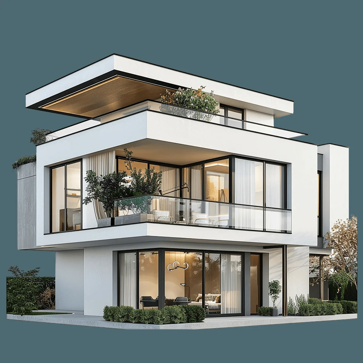 Two-storey house with a swimming pool and paved terrace