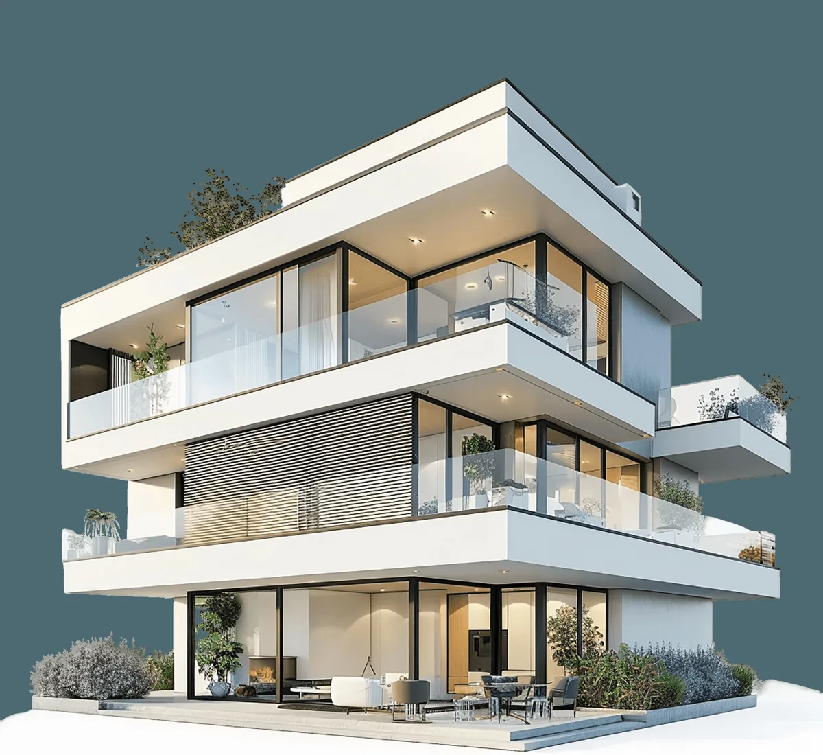 House with a curved white facade and rooftop terrace