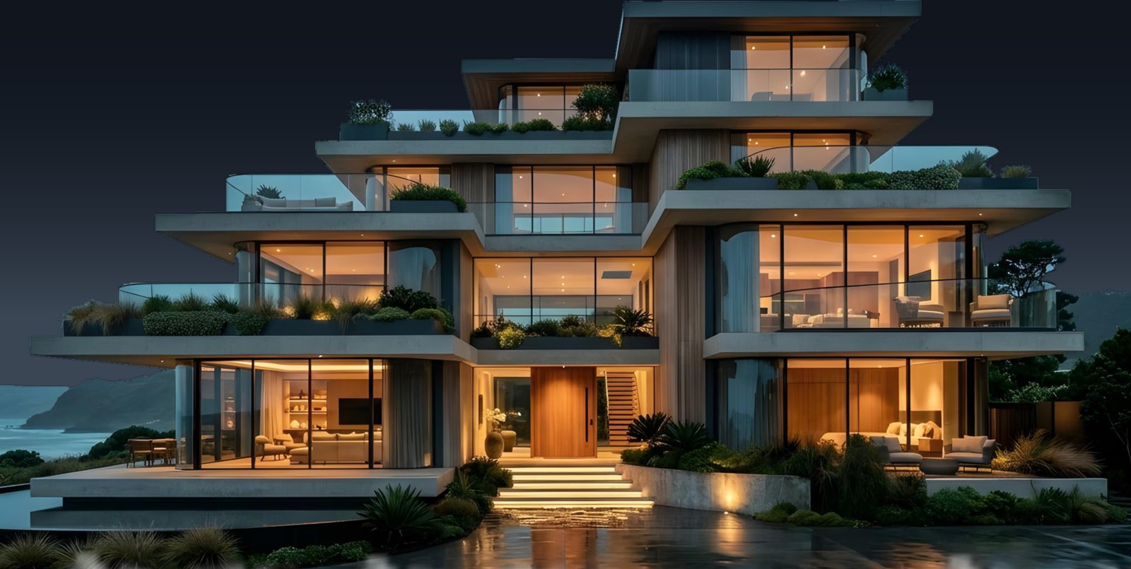 Modern multi-storey villa with terraces and planted balconies