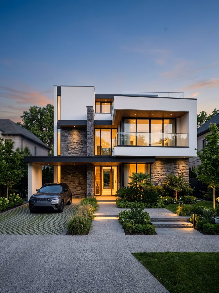 Modern white house with a covered porch and driveway